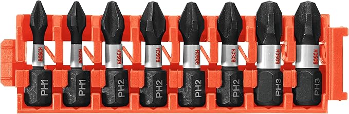 BOSCH CCSPHV108 8-Piece Assorted Set 1 In. Impact Tough Phillips Insert Bits with Clip for Custom Case System